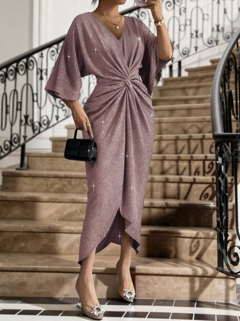 Dusty Pink Party Women's Elegant Sequin Christmas Dress